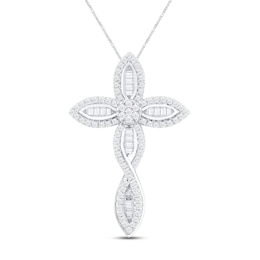 Diamond Cross Necklace 1/3 ct tw Baguette & Round-cut Sterling Silver 19&quot;