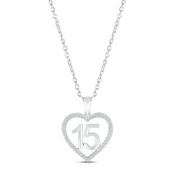 Diamond Quinceañera Heart Necklace 1/8 ct tw Round-cut 10K White Gold 18"