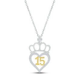 Diamond Quinceañera Tiara Heart Necklace 1/5 ct tw Round-cut Sterling Silver & 10K Yellow Gold 18&quot;