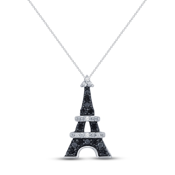 Black & White Diamond Eiffel Tower Necklace 1/10 ct tw Round-cut Sterling Silver 18"