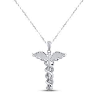 Diamond Caduceus Necklace 1/10 ct tw Round-cut Sterling Silver 18