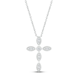 Milgrain Cross Necklace 1/8 ct tw Round-cut 10K White Gold 18&quot;