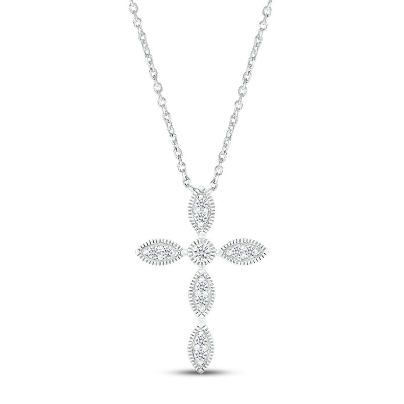 Main Image 1 of Milgrain Cross Necklace 1/8 ct tw Round-cut 10K White Gold 18&quot;