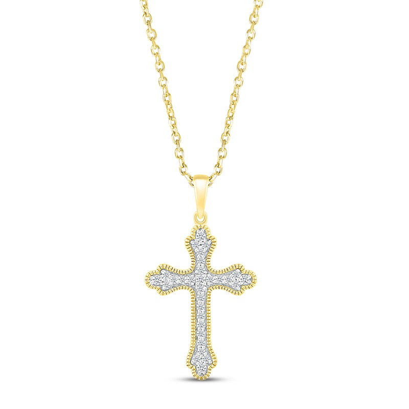 Main Image 1 of Diamond Milgrain Scalloped Cross Necklace 1/6 ct tw Round-cut 10K Yellow Gold 18&quot;