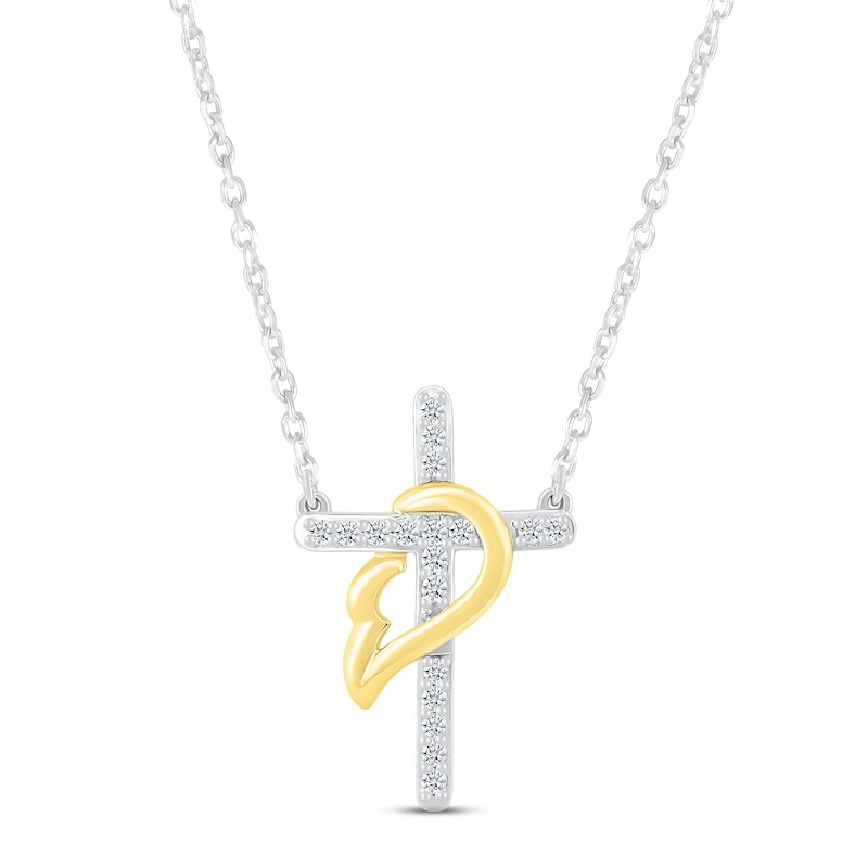 Diamond Cross Necklace 1/15 ct tw Round-cut Sterling Silver & 10K Yellow Gold 18"