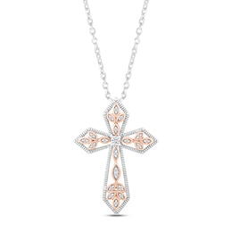 Diamond Cross Necklace 1/8 ct tw Round-cut Sterling Silver & 10K Rose Gold 18&quot;