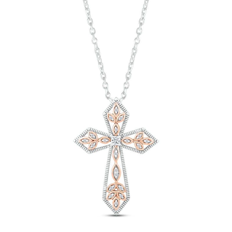 Diamond Cross Necklace 1/8 ct tw Round-cut Sterling Silver & 10K Rose Gold 18"