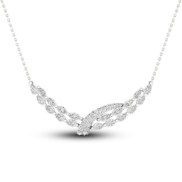 Diamond Double Row Curve Necklace 2-1/4 ct tw Marquise, Pear & Round-cut 14K White Gold 18&quot;