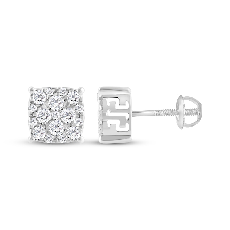 Main Image 3 of Men's Diamond Greek Key Stud Earrings 1/2 ct tw Round-cut 10K White Gold