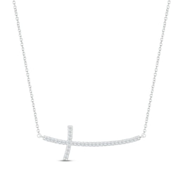 Diamond Sideways Curved Cross Necklace 1/8 ct tw Round-cut Sterling Silver 18&quot;