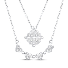 Diamond Heart Clover Convertible Necklace 1/10 ct tw Round-cut Sterling Silver 18&quot;