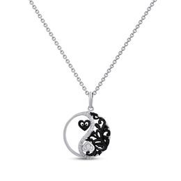 Black & White Yin-Yang Heart Necklace 1/10 ct tw Round-cut Sterling Silver 18"