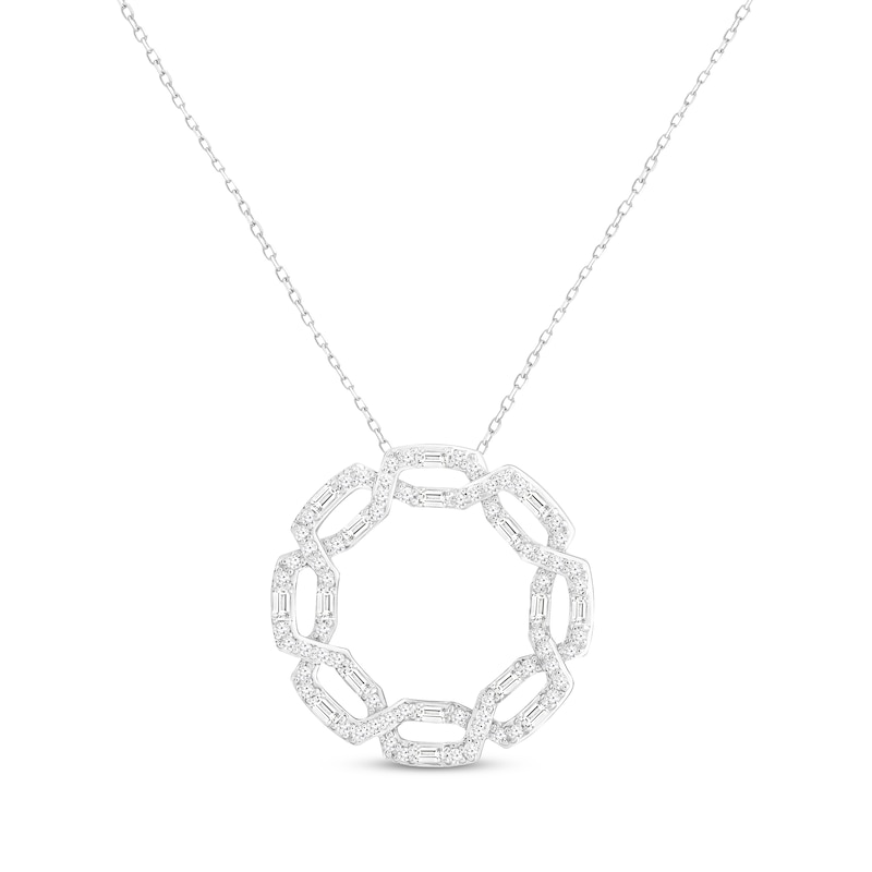 Diamond Hexagon Circle Necklace 1/2 ct tw Round & Baguette-cut 10K White Gold 18"