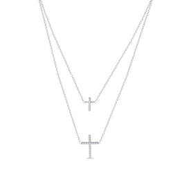 Diamond Layered Cross Necklace 1/6 ct tw Sterling Silver 18&quot;