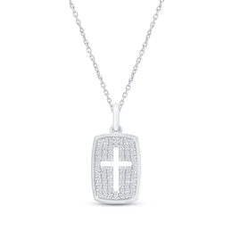 Diamond Cross Cutout Dog Tag Necklace 1/5 ct tw Sterling Silver 18&quot;