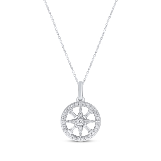 Baguette & Round-Cut Diamond Compass Necklace 1/5 ct tw 10K White Gold 18"