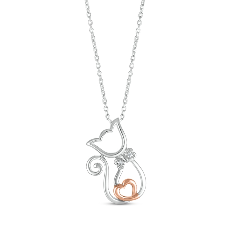 Main Image 1 of Diamond Cat with Bowtie & Heart Necklace Sterling Silver & 10K Rose Gold 18&quot;