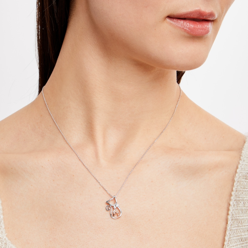 Main Image 3 of Diamond Cat with Bowtie & Heart Necklace Sterling Silver & 10K Rose Gold 18&quot;