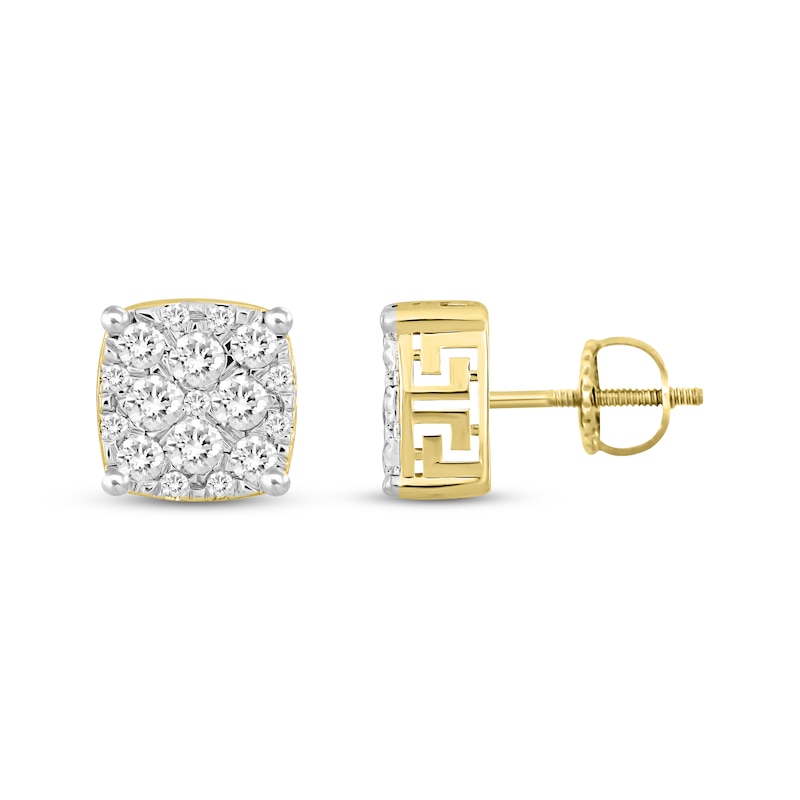 Main Image 3 of Men's Multi-Diamond Greek Key Stud Earrings 1 ct tw 10K Yellow Gold