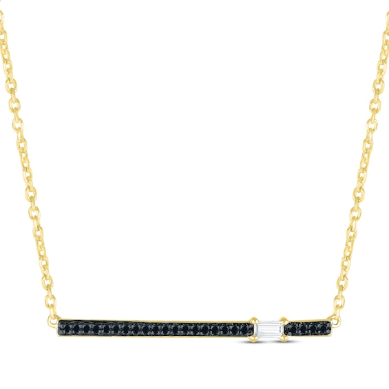 Round-Cut Black Diamond & Baguette-Cut White Diamond Bar Necklace 1/10 ct tw 10K Yellow Gold 18"