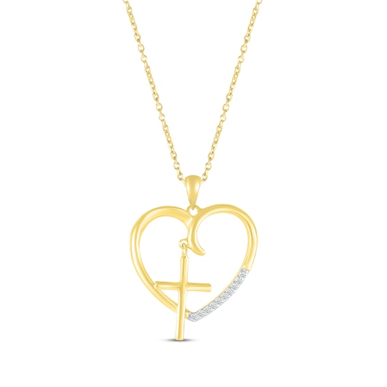 Round-Cut Diamond Heart & Cross Necklace 1/20 ct tw 10K Yellow Gold 18"