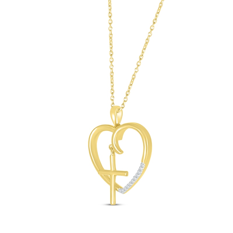 Main Image 2 of Round-Cut Diamond Heart & Cross Necklace 1/20 ct tw 10K Yellow Gold 18&quot;