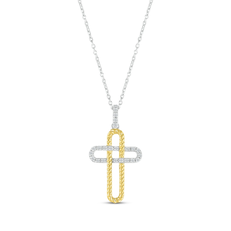 Main Image 1 of Round-Cut Diamond Paperclip Cross Necklace 1/10 ct tw Sterling Silver & 10K Yellow Gold 18”