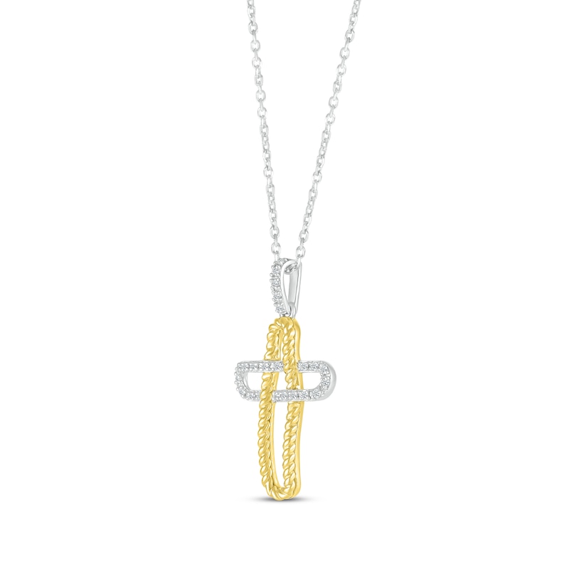 Main Image 2 of Round-Cut Diamond Paperclip Cross Necklace 1/10 ct tw Sterling Silver & 10K Yellow Gold 18”