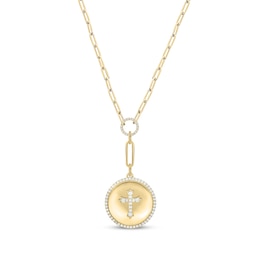 Round-Cut Diamond Cross Disc Paperclip Chain Y-Drop Necklace 1/2 ct tw 10K Yellow Gold 18”