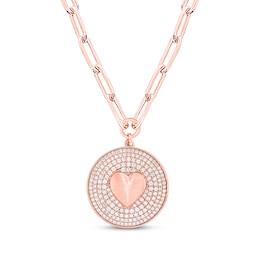 Round-Cut Diamond Heart Disc Paperclip Chain Y-Drop Necklace 1 ct tw 10K Rose Gold 18”