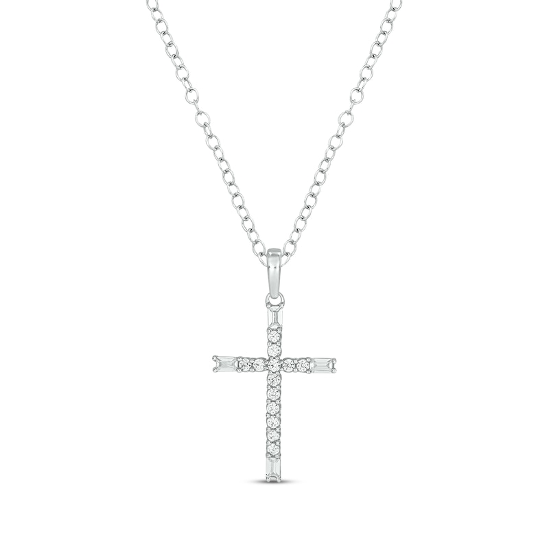 Main Image 1 of Baguette & Round-Cut Diamond Cross Necklace 1/5 ct tw 10K White Gold 18&quot;