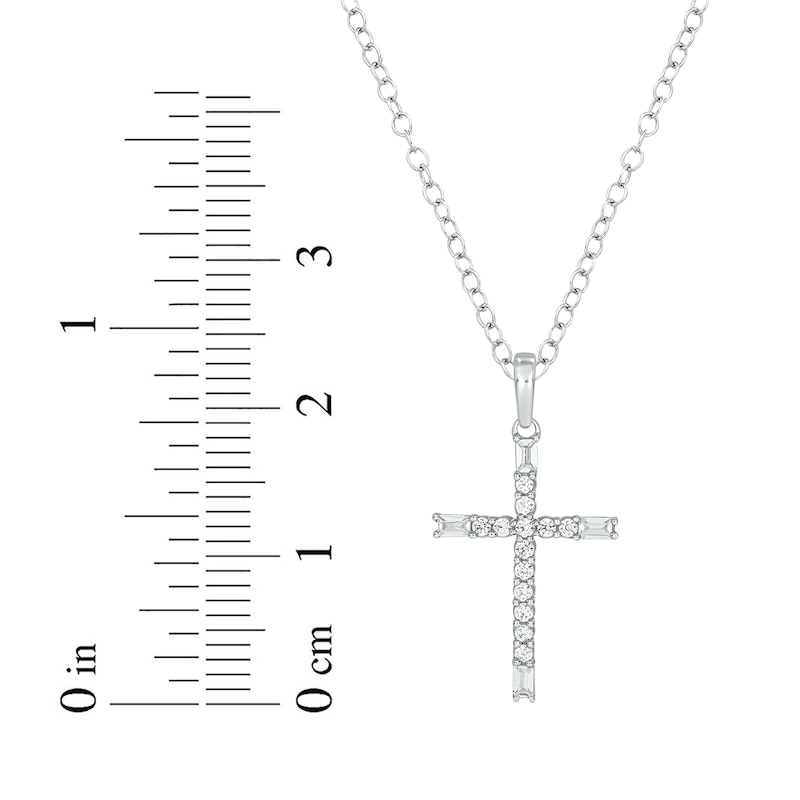 Main Image 2 of Baguette & Round-Cut Diamond Cross Necklace 1/5 ct tw 10K White Gold 18&quot;