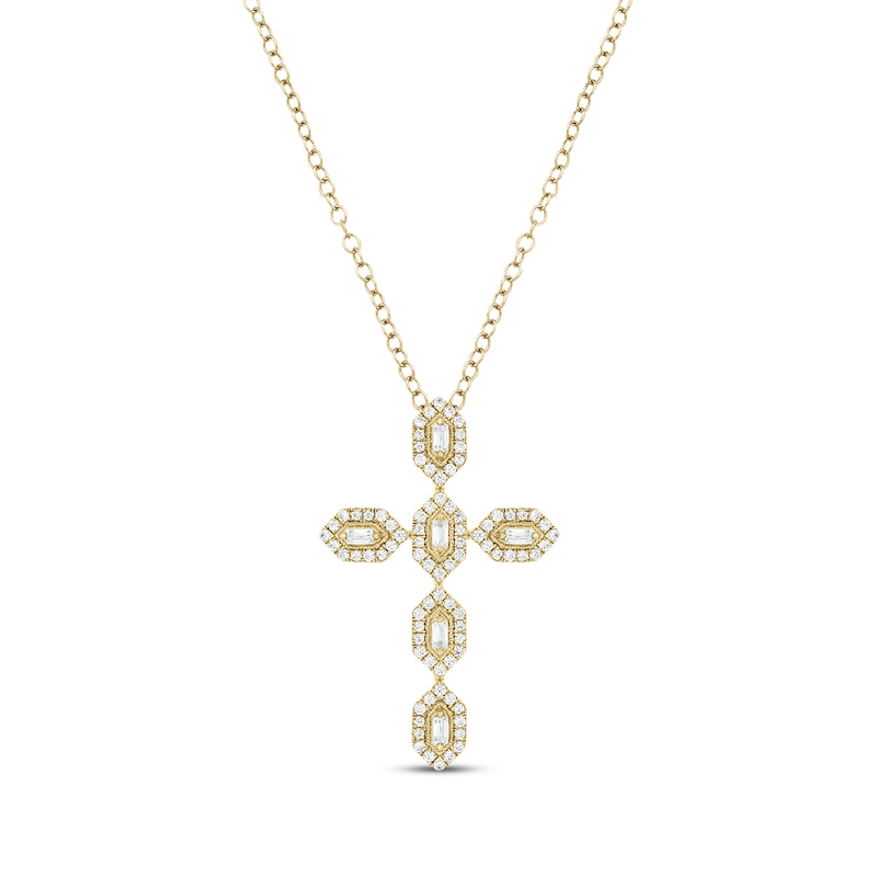 Main Image 1 of Baguette & Round-Cut Diamond Cross Necklace 1/2 ct tw 10K Yellow Gold 18&quot;