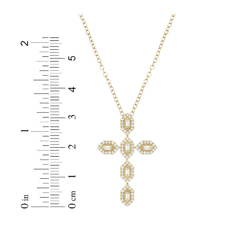 Main Image 2 of Baguette & Round-Cut Diamond Cross Necklace 1/2 ct tw 10K Yellow Gold 18&quot;