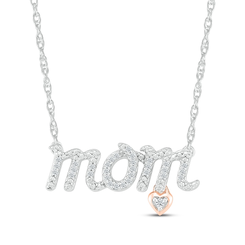 Main Image 1 of Diamond &quot;Mom&quot; Heart Dangle Necklace 1/10 ct tw Sterling Silver & 10K Rose Gold