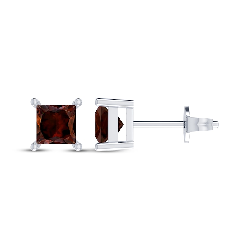 Main Image 1 of Square-Cut Garnet Solitaire Stud Earrings Sterling Silver