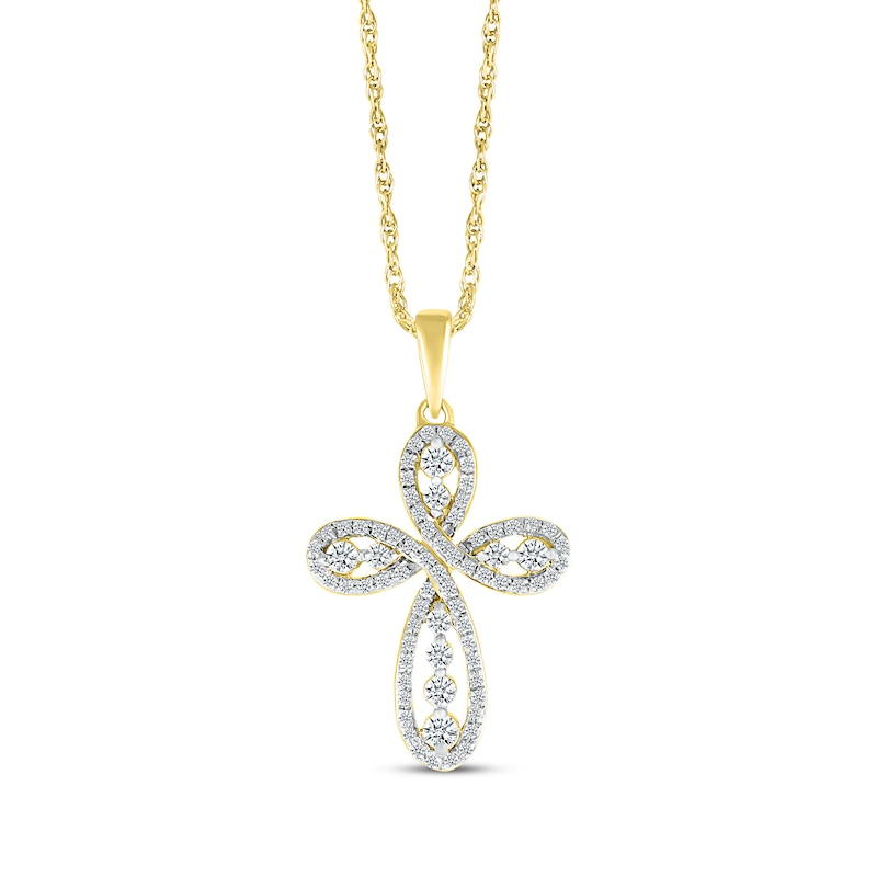 Main Image 1 of Diamond Twist Swirl Cross Necklace 1/2 ct tw 10K Yellow Gold 18&quot;