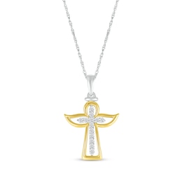 Diamond Angel Cross Necklace 1/10 ct tw Sterling Silver & 10K Yellow Gold 18&quot;