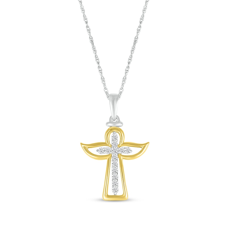 Main Image 1 of Diamond Angel Cross Necklace 1/10 ct tw Sterling Silver & 10K Yellow Gold 18&quot;