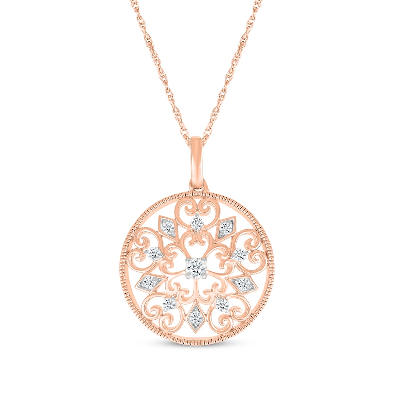 Diamond Filigree Medallion Necklace 1/5 ct tw 10K Rose Gold 18"