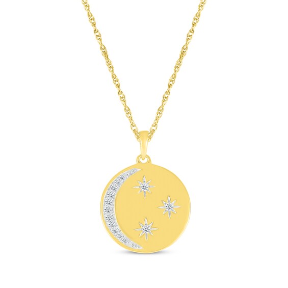 Diamond Crescent Moon & Stars Disc Necklace 1/10 ct tw 10K Yellow Gold 18"