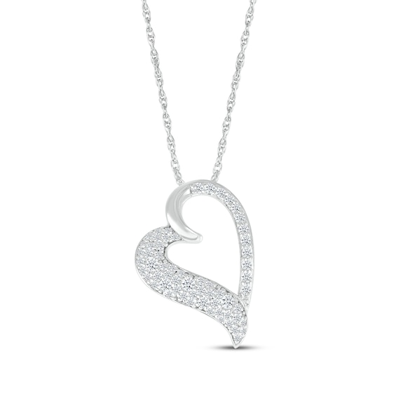 Multi-Diamond Cobblestone Tilted Heart Outline Necklace 3/8 ct tw 10K White Gold 18"