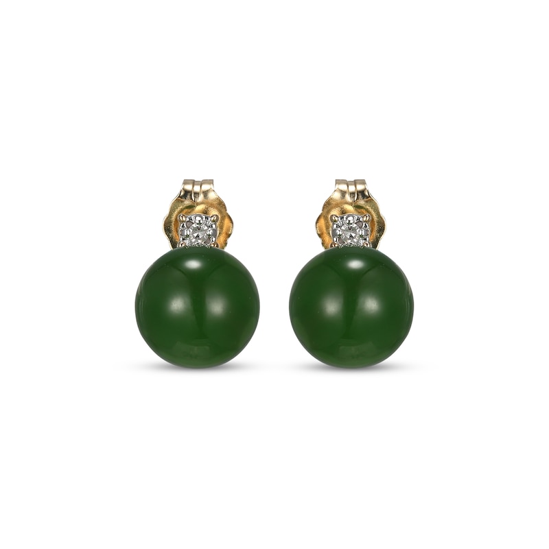 Main Image 2 of Jade Bead & Diamond Stud Earrings 14K Yellow Gold