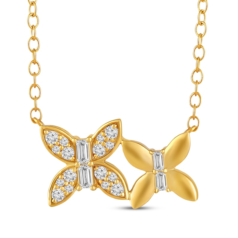 Main Image 1 of Baguette & Round-Cut Diamond Double Butterfly Necklace 1/5 ct tw 10K Yellow Gold