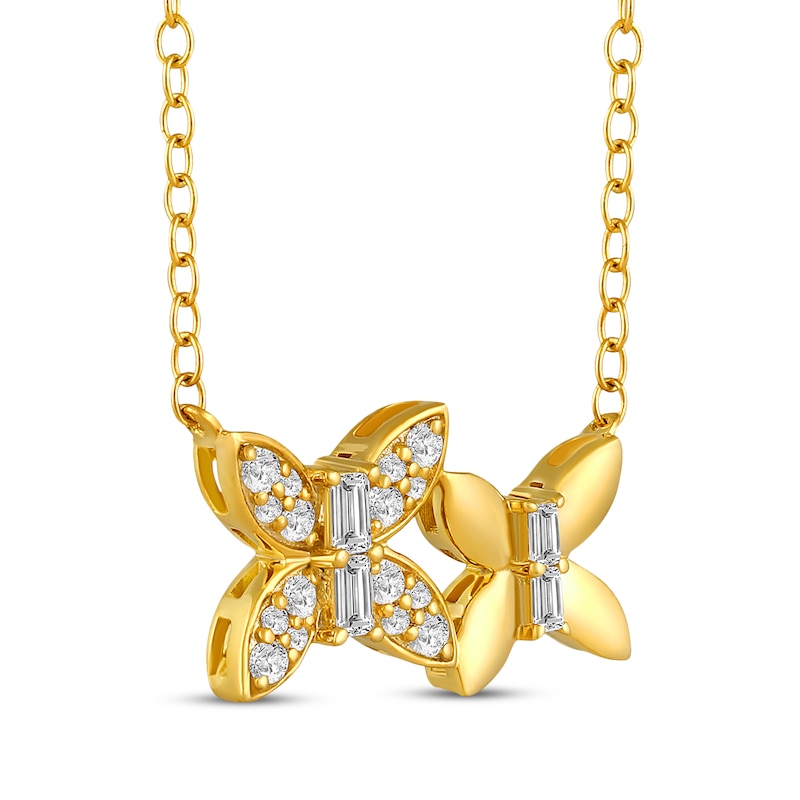 Main Image 2 of Baguette & Round-Cut Diamond Double Butterfly Necklace 1/5 ct tw 10K Yellow Gold