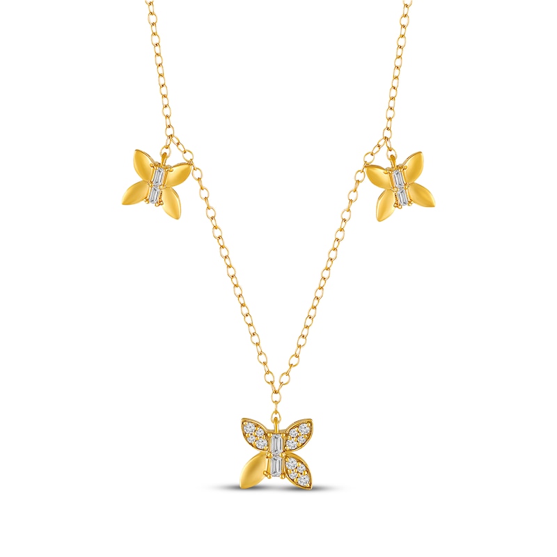 Main Image 1 of Baguette & Round-Cut Diamond Butterfly Trio Y-Drop Necklace 1/5 ct tw 10K Yellow Gold  18&quot;