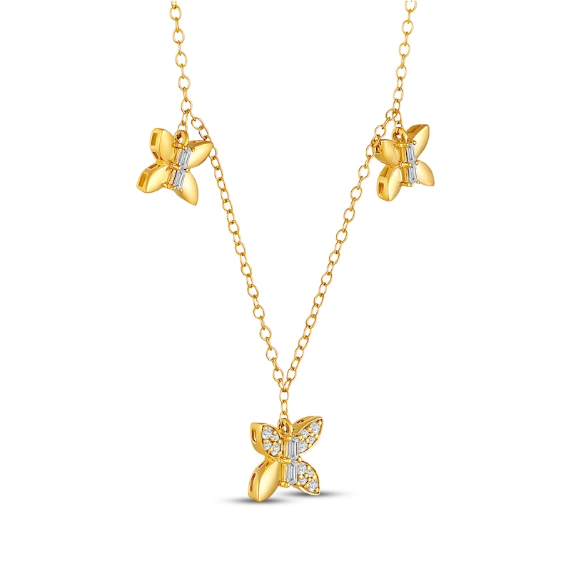 Main Image 2 of Baguette & Round-Cut Diamond Butterfly Trio Y-Drop Necklace 1/5 ct tw 10K Yellow Gold  18&quot;