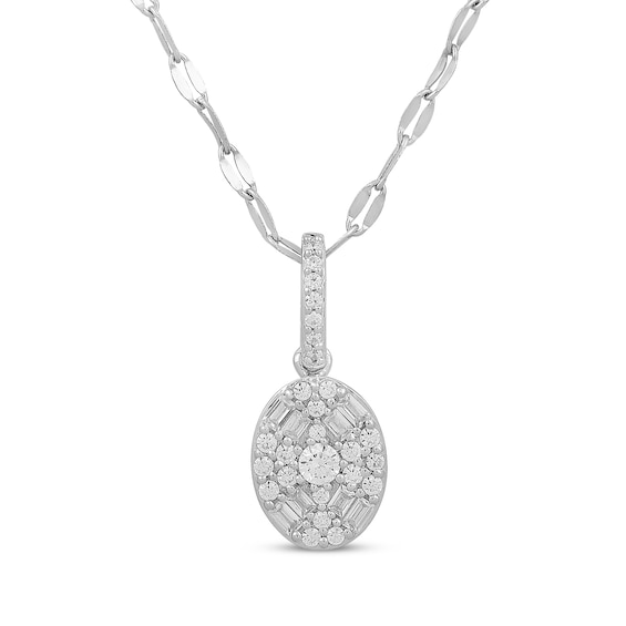 Baguette & Round-Cut Multi-Diamond Center Oval Frame Necklace 1/4 ct tw Sterling Silver 18"