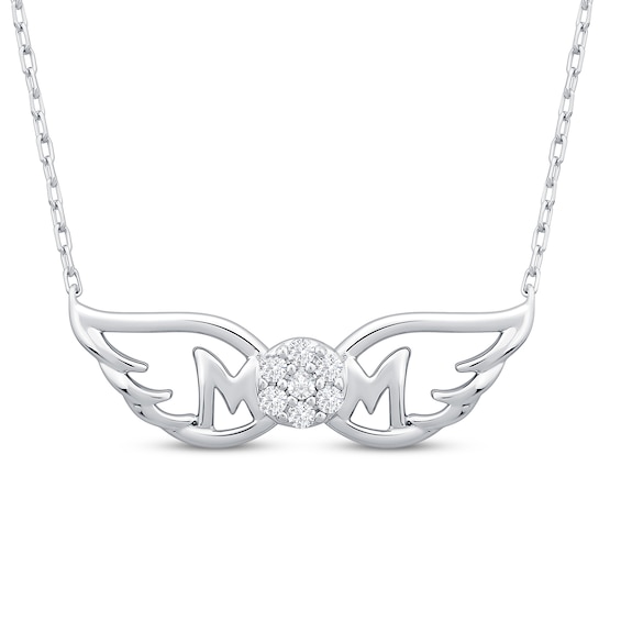 Multi-Diamond "Mom" with Wings Necklace 1/10 ct tw Sterling Silver 18"
