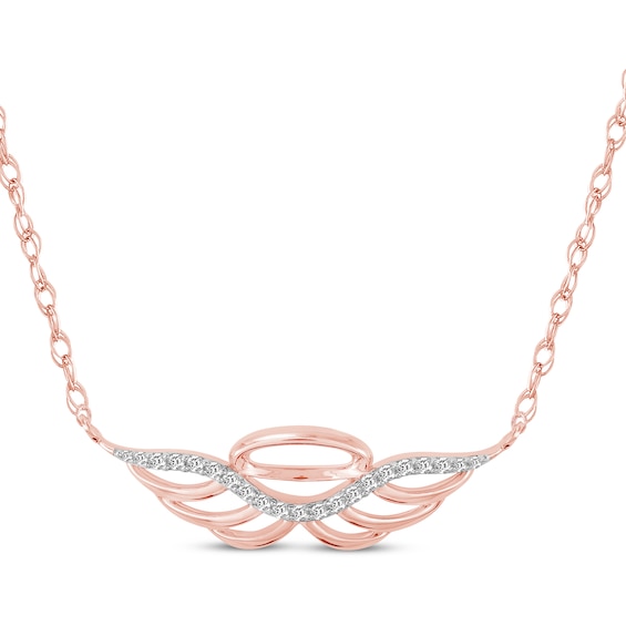 Diamond Angel Wings & Halo Necklace 1/8 ct tw 10K Rose Gold 18"